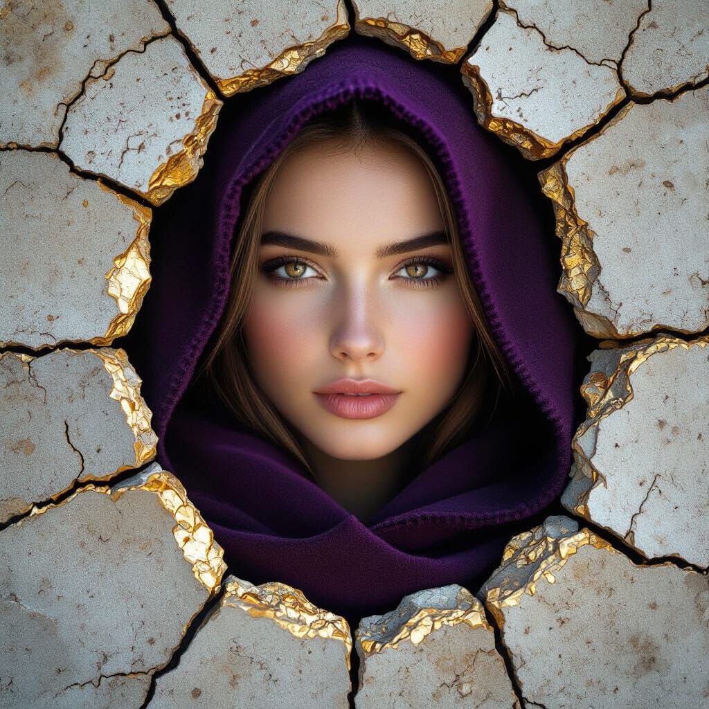 Woman Peering Through Cracked Wall with Gold