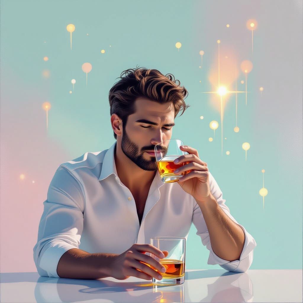 Ethereal Man Drinking Whiskey: Minimalist Painting