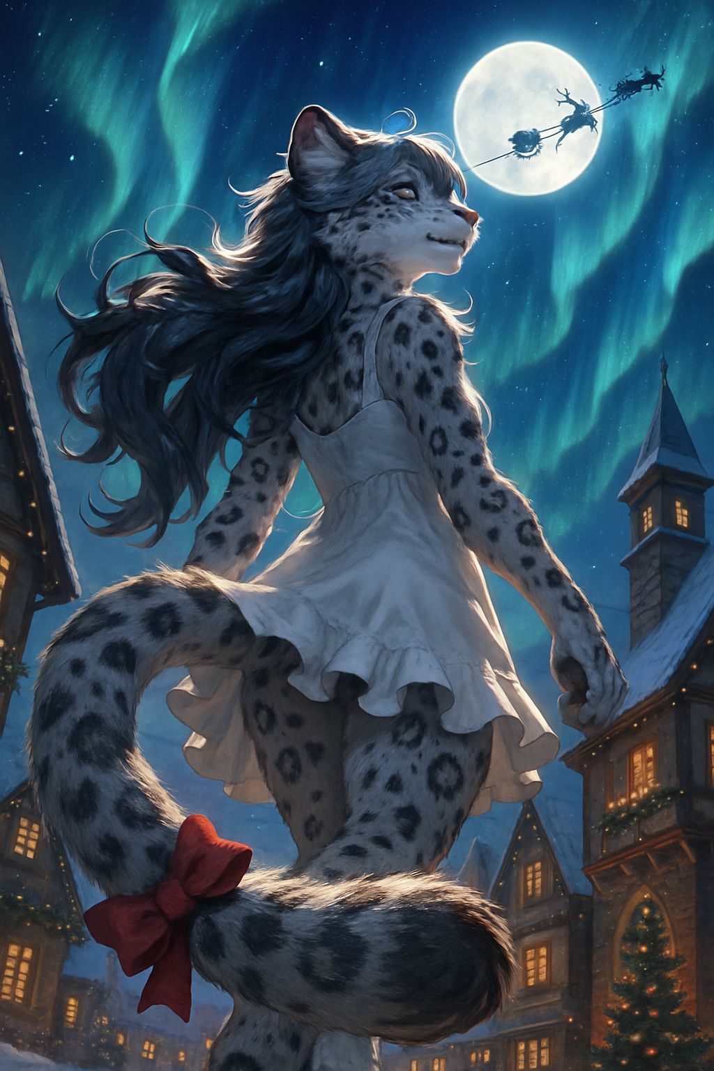 Moonlit Christmas Village in Fantasy Anime Style