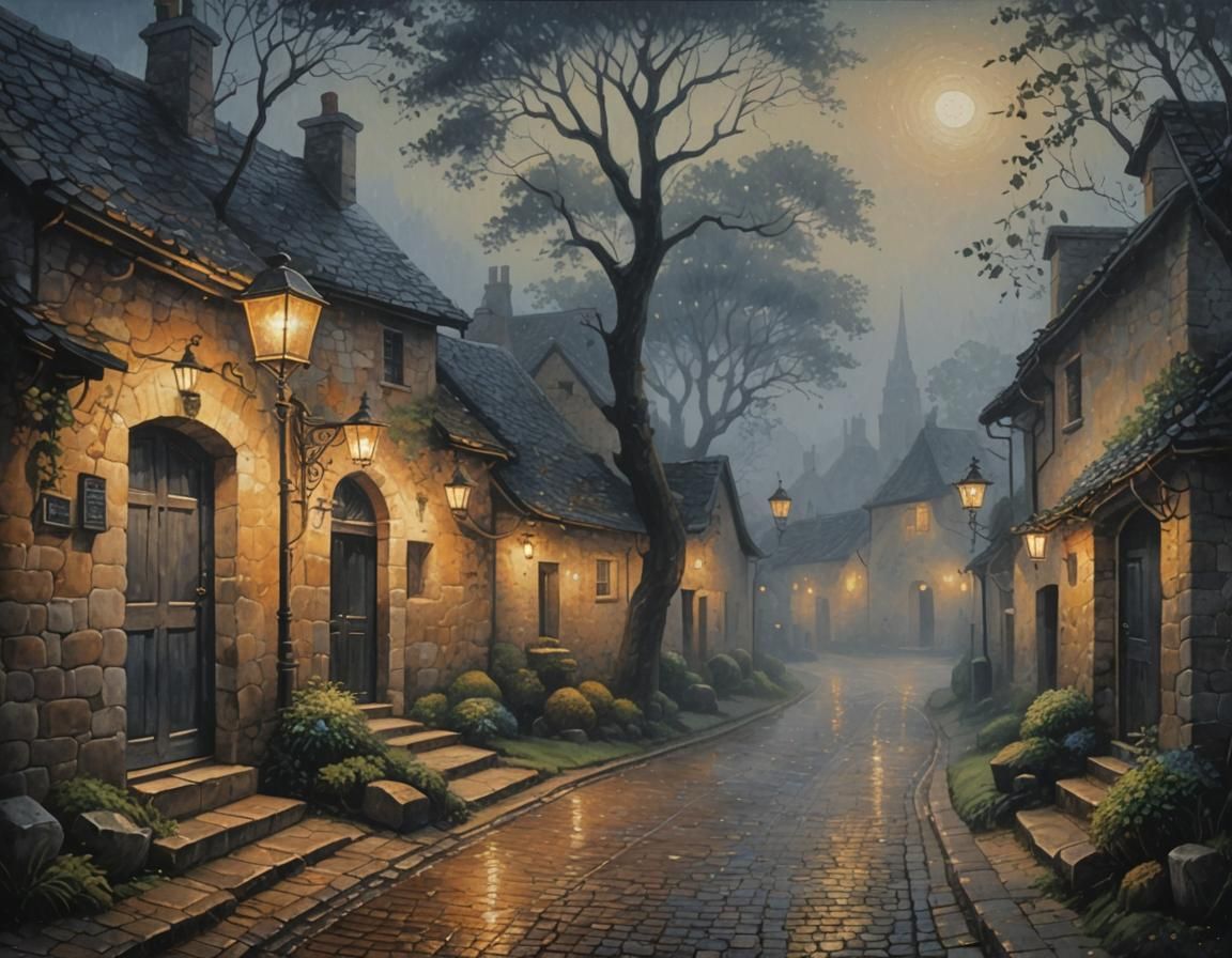 Ethereal Village Lane at Night in Pointillism Style