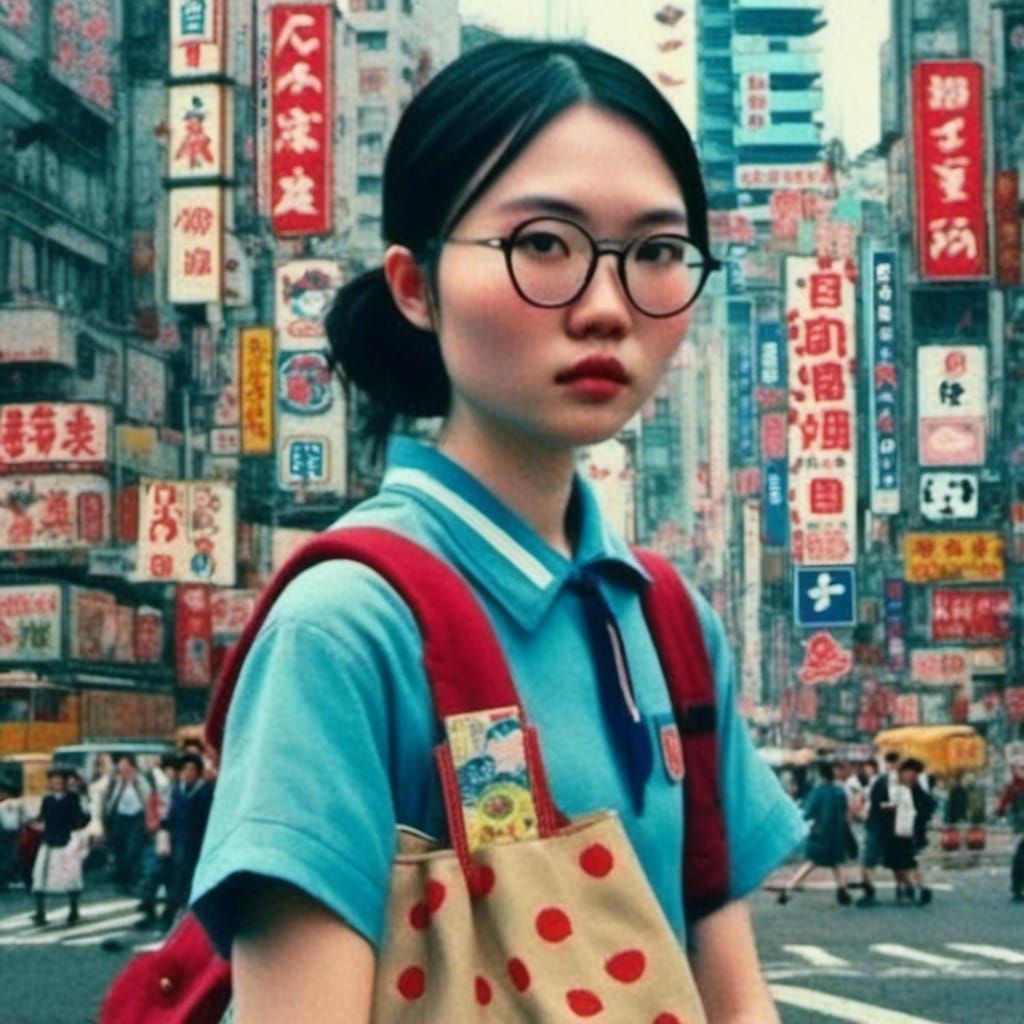 90s Japanese Schoolgirl in Tokyo Street Scene