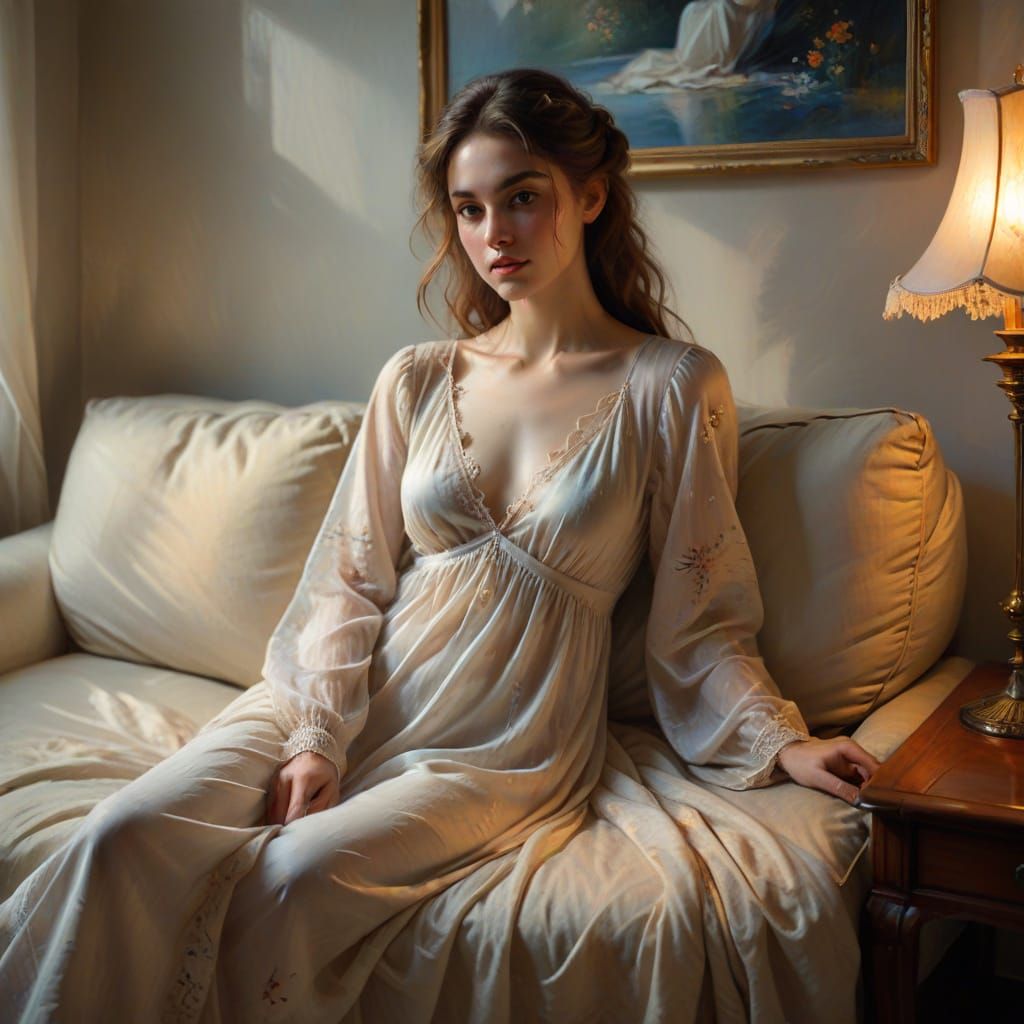 Ethereal Woman in Nightgown on Couch, Oil Painting