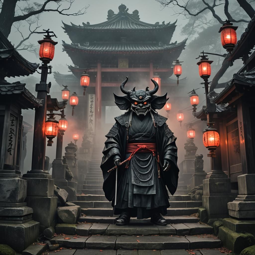 Villainous Figure at Ancient Temple in Surreal Style