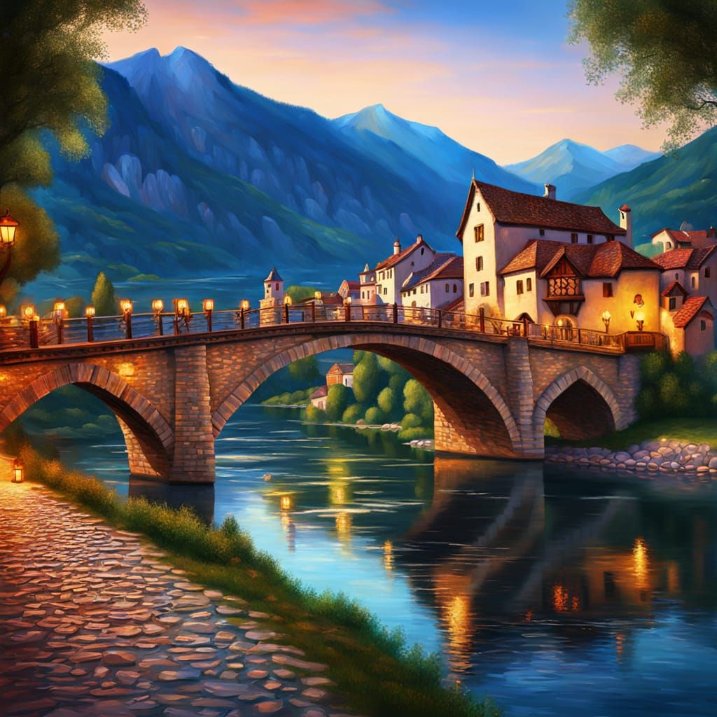 Medieval River Scene in Da Vinci's Brushstrokes