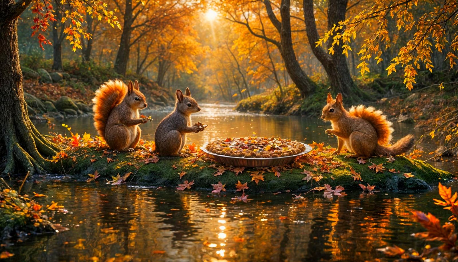 Whimsical Thanksgiving Forest Animals Sharing Pie at Sunset