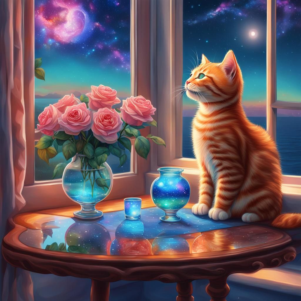 Ginger Kitten and Roses in Astral Illustration
