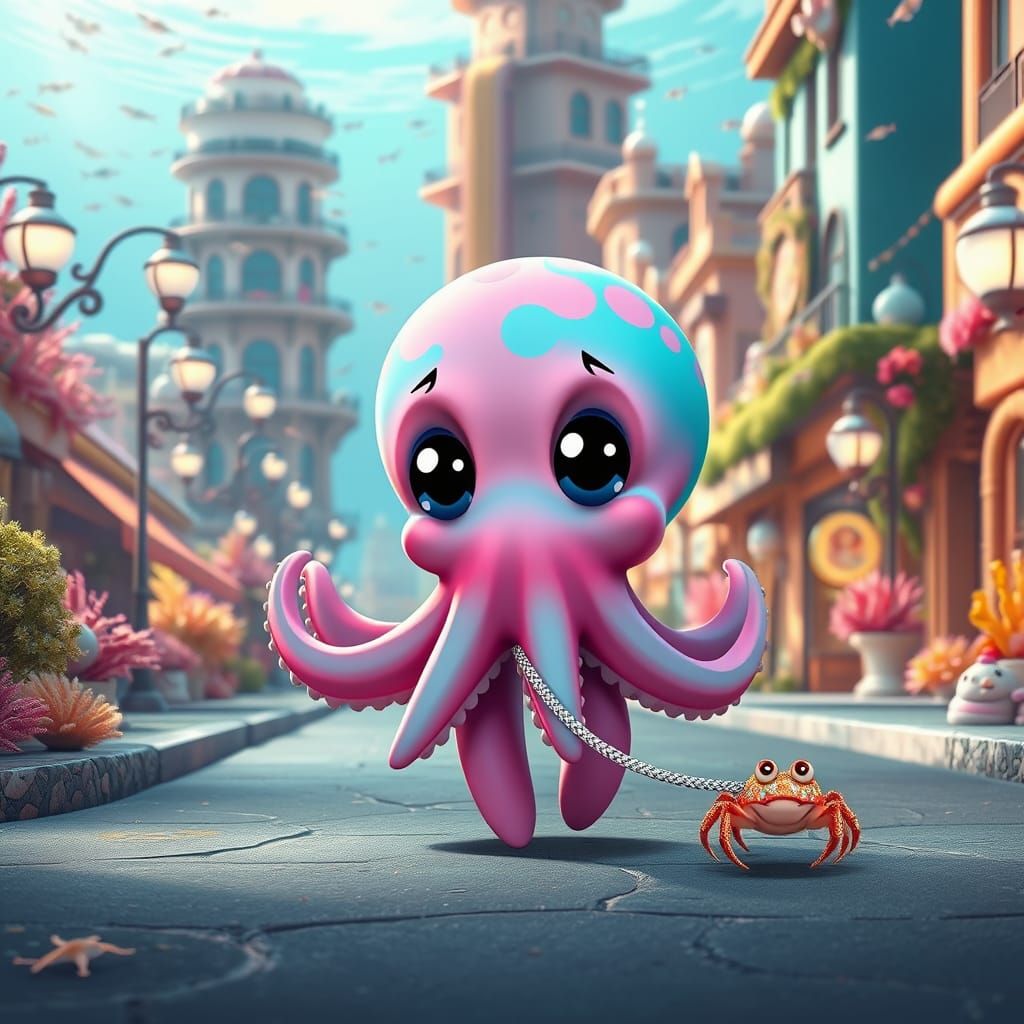 Whimsical Chibi Octopus Strolls Ocean City Street