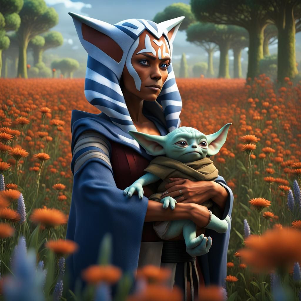Ahsoka Tano and Baby Yoda in Floral Field