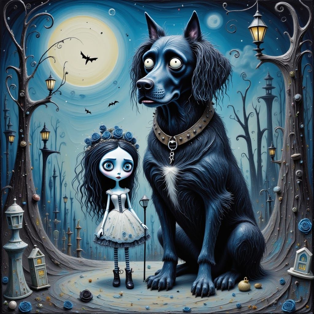 Gothic Girl with Great Dane in Burtonesque Style