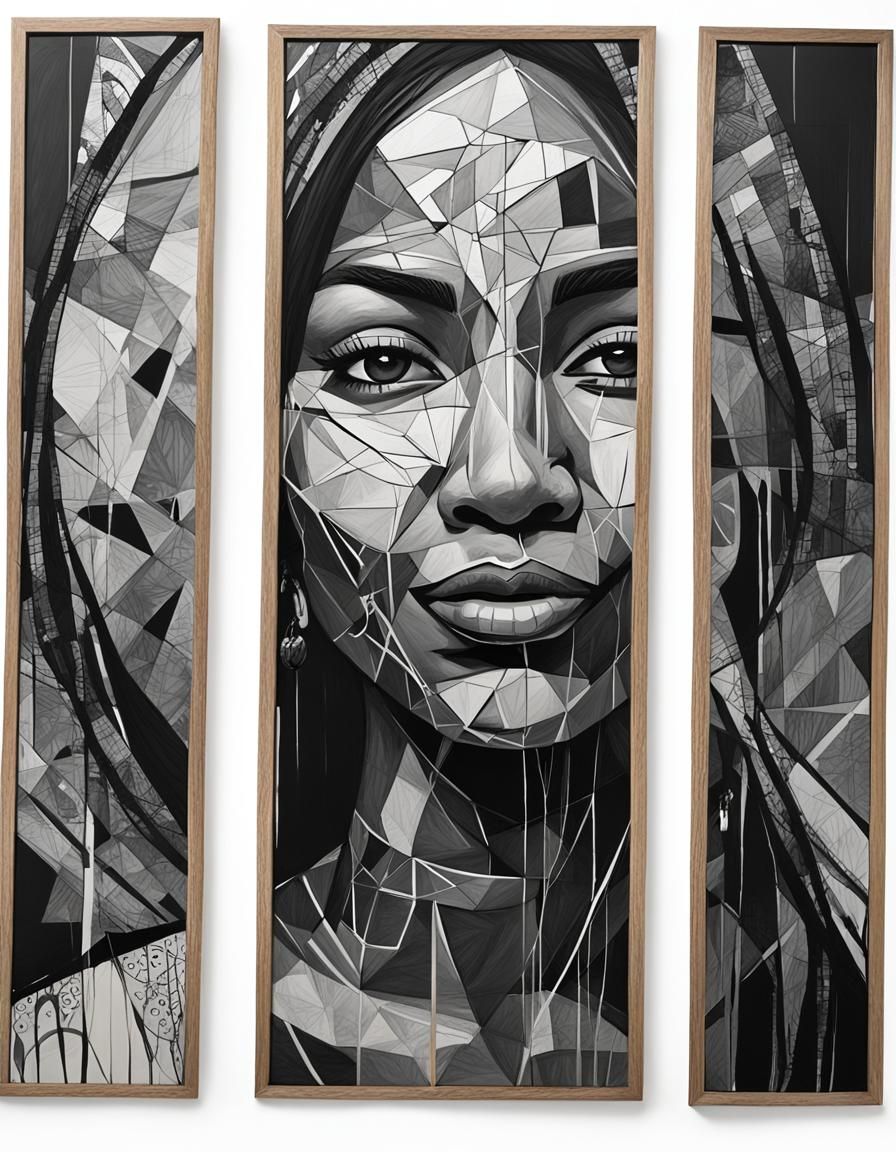 Abstract Charcoal Triptych of an Ethnic Female Face