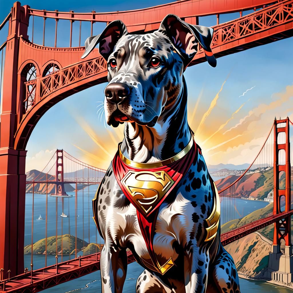 Great Dane Superhero Flies Golden Gate Bridge