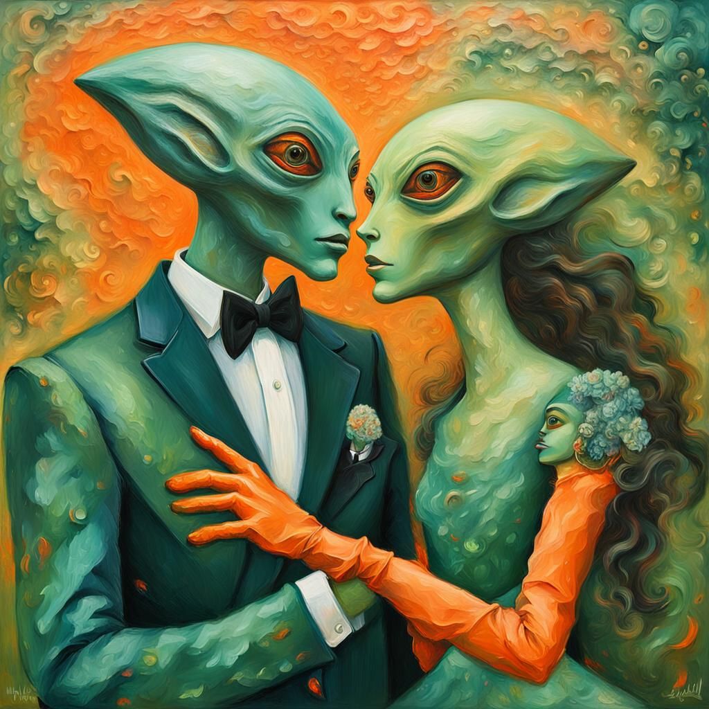 Aliens Dancing in Ethereal Ballroom, as Impasto Oil Painting