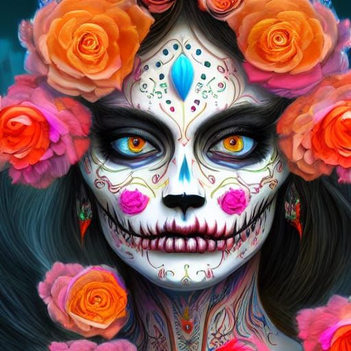 Detailed Catrina Face with Flowers in Hot Colors
