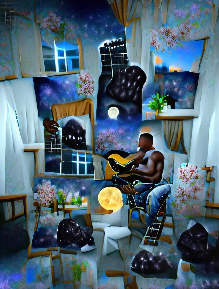 Man Playing Guitar in Moonlight: Detailed 8K Painting