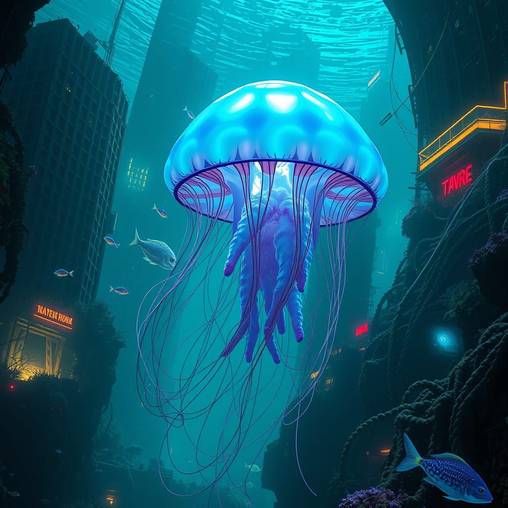 Bioluminescent Jellyfish in Submerged Cityscape