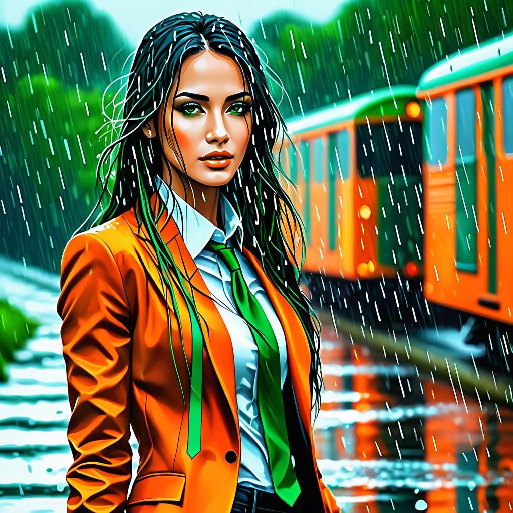 Rain-Soaked Schoolgirl: Melancholy Portrait in Realistic Sty...