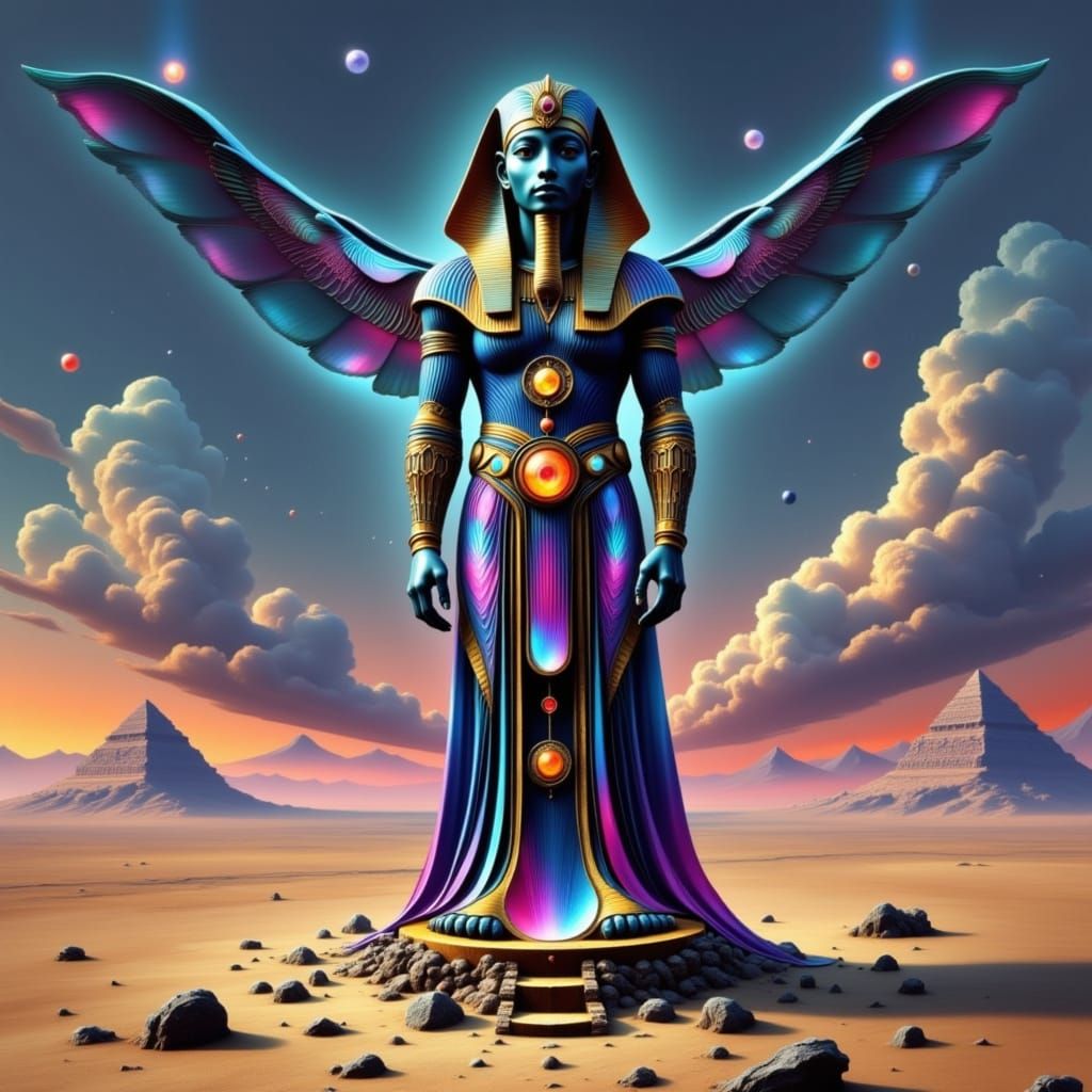 Majestic Obsidian God Statue in Cosmic Desert
