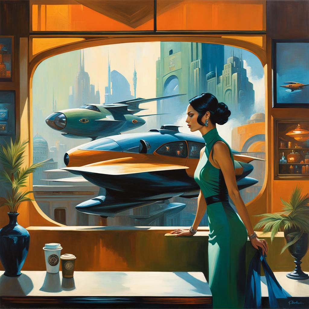 Retrofuturistic Girl in Art Deco Cityscape