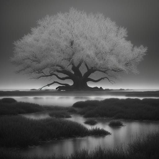 Serene Monochromatic Landscape with Ancient Tree and Misty L...