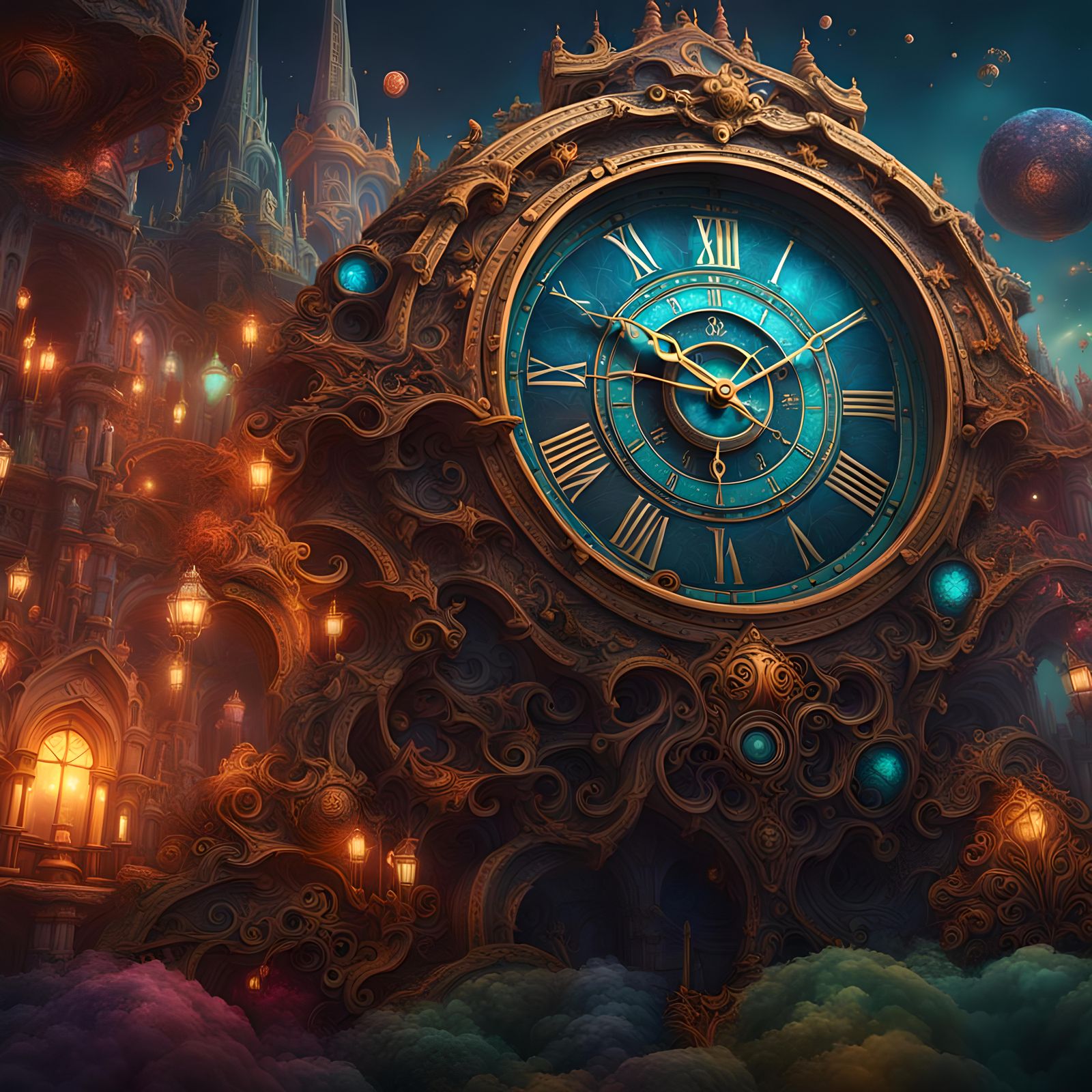 Colorful Abstract Fantasy Clocks in Detailed Matte Painting