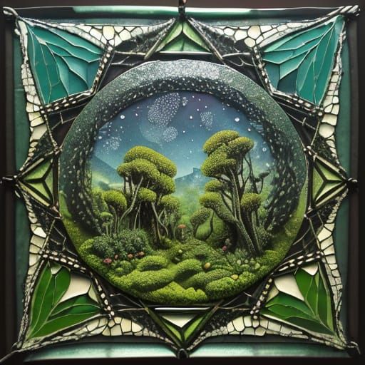 Abstract Gregorian Garden Landscape in Stained Glass Style