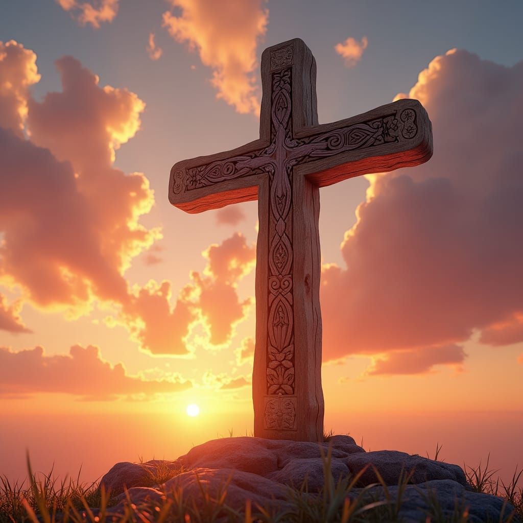 Majestic Cross at Sunset in Fantasy Style