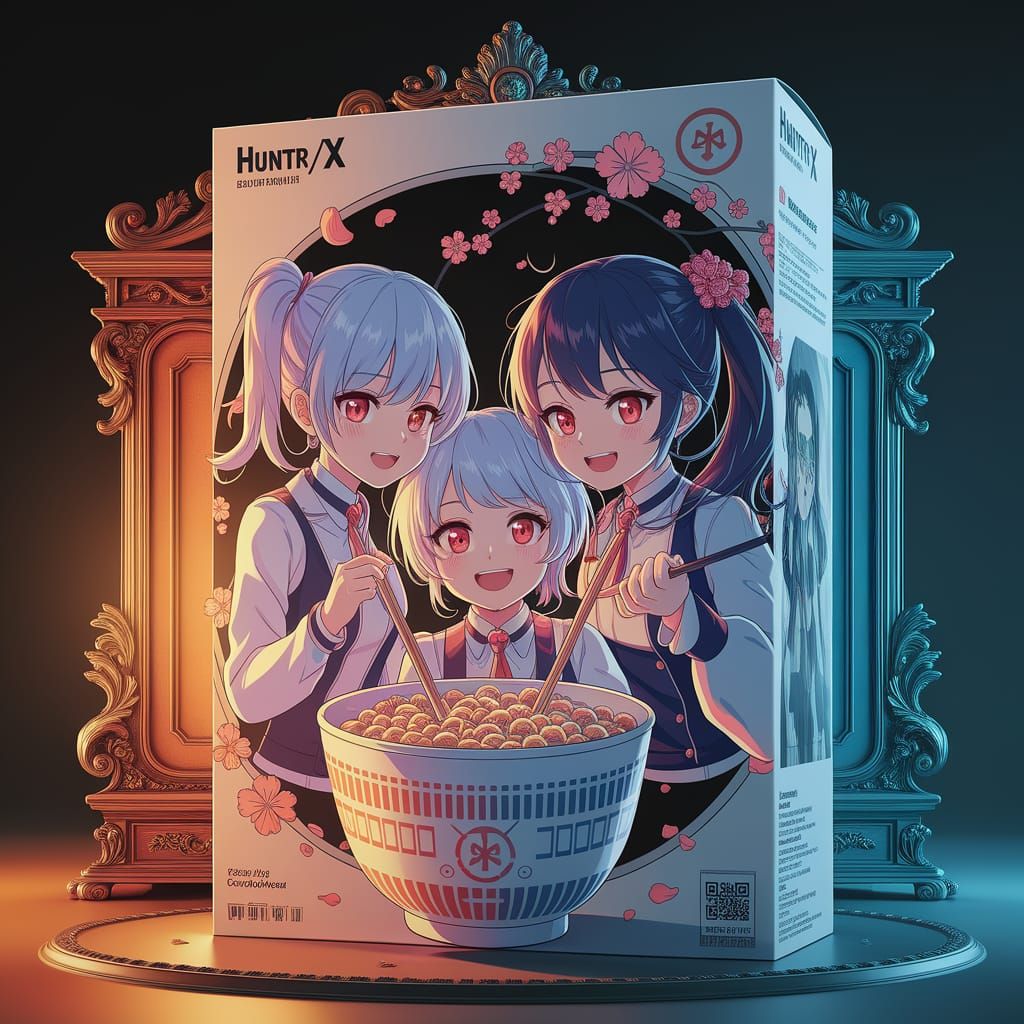 Kpop Group Huntr/X Cereal Box Art in 3D Anime Style
