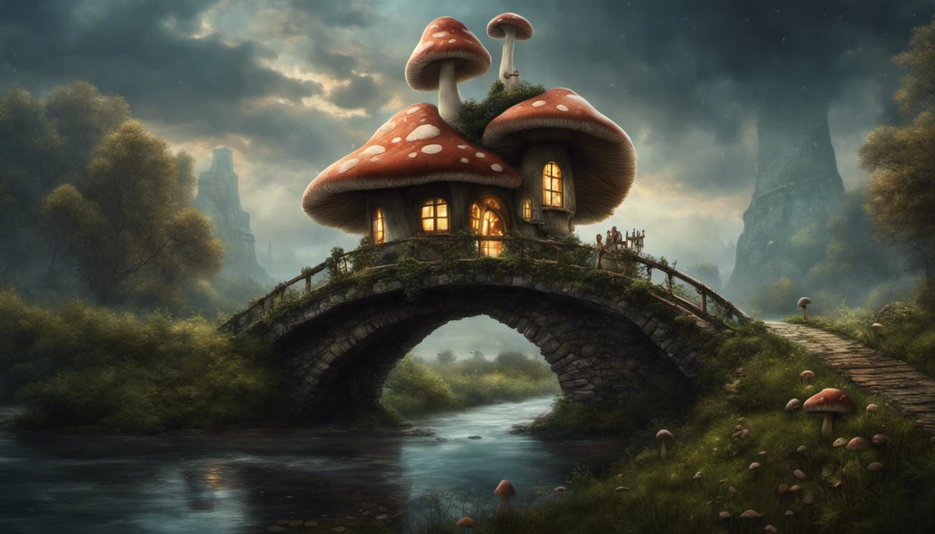 Fantasy Mushroom House by River: Digital Matte Painting