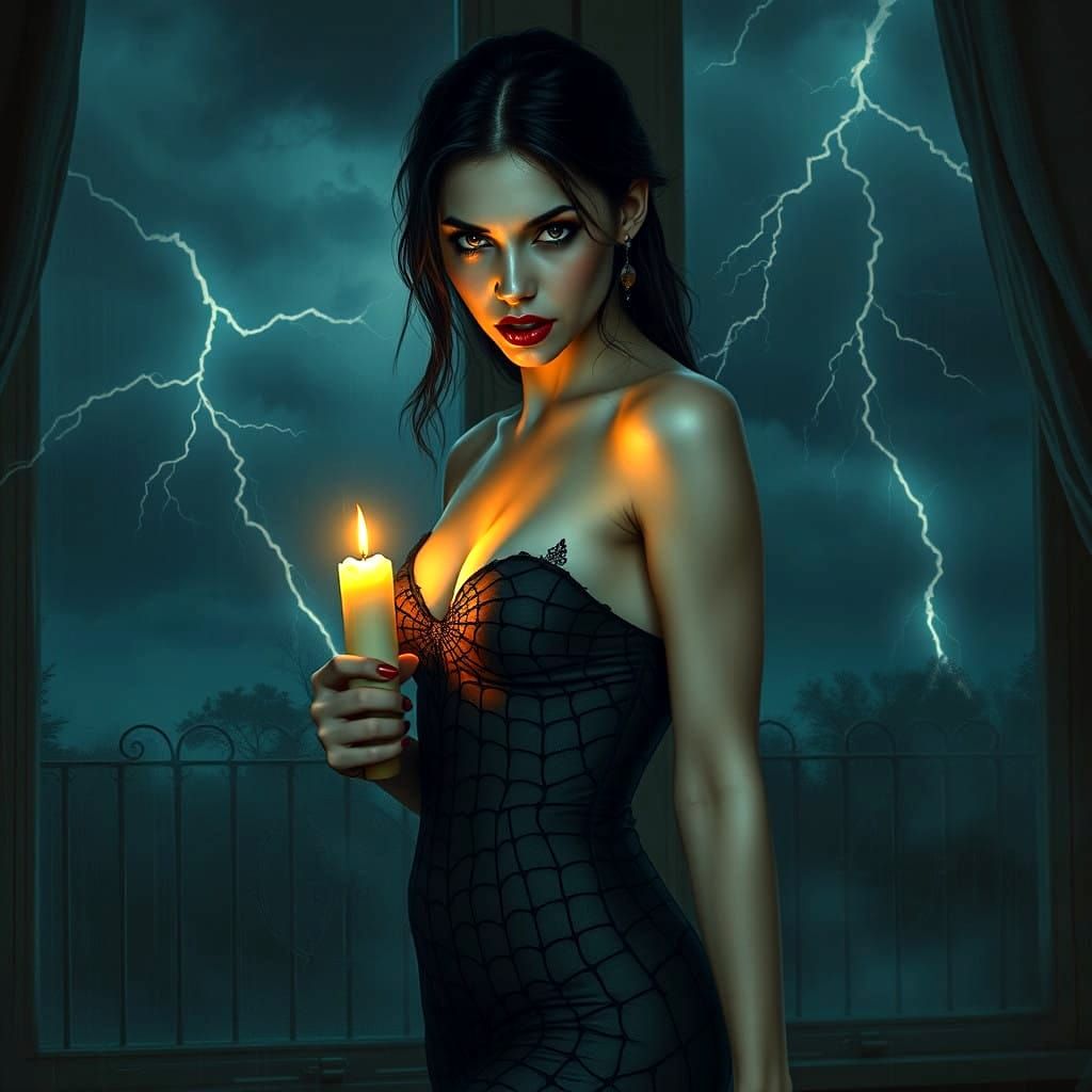 Mysterious Vampire Woman Emerges in Dark Stormy Night