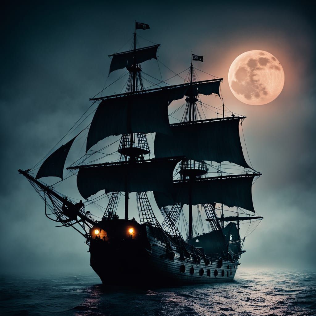 Pirate Ship Emerges from Midnight Fog