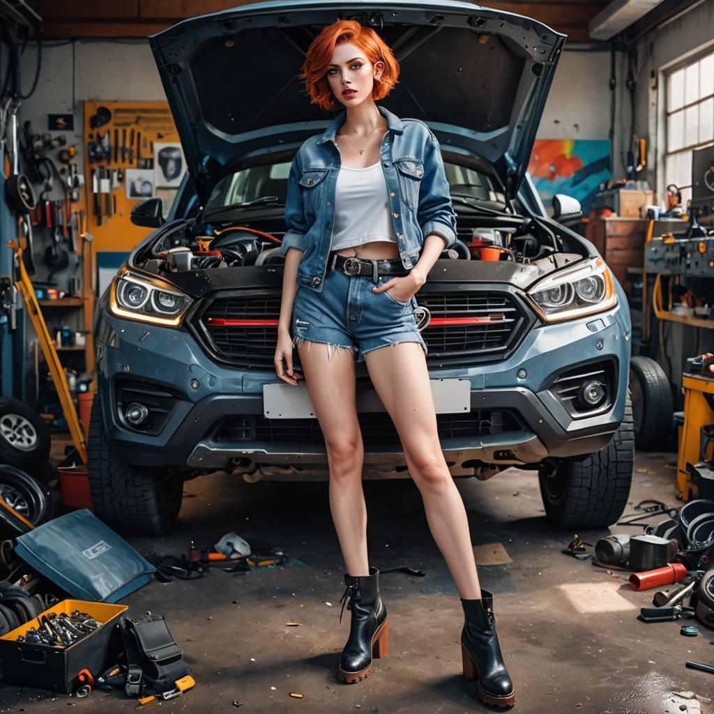 Redhead Model in Auto Repair Shop as Splash Art