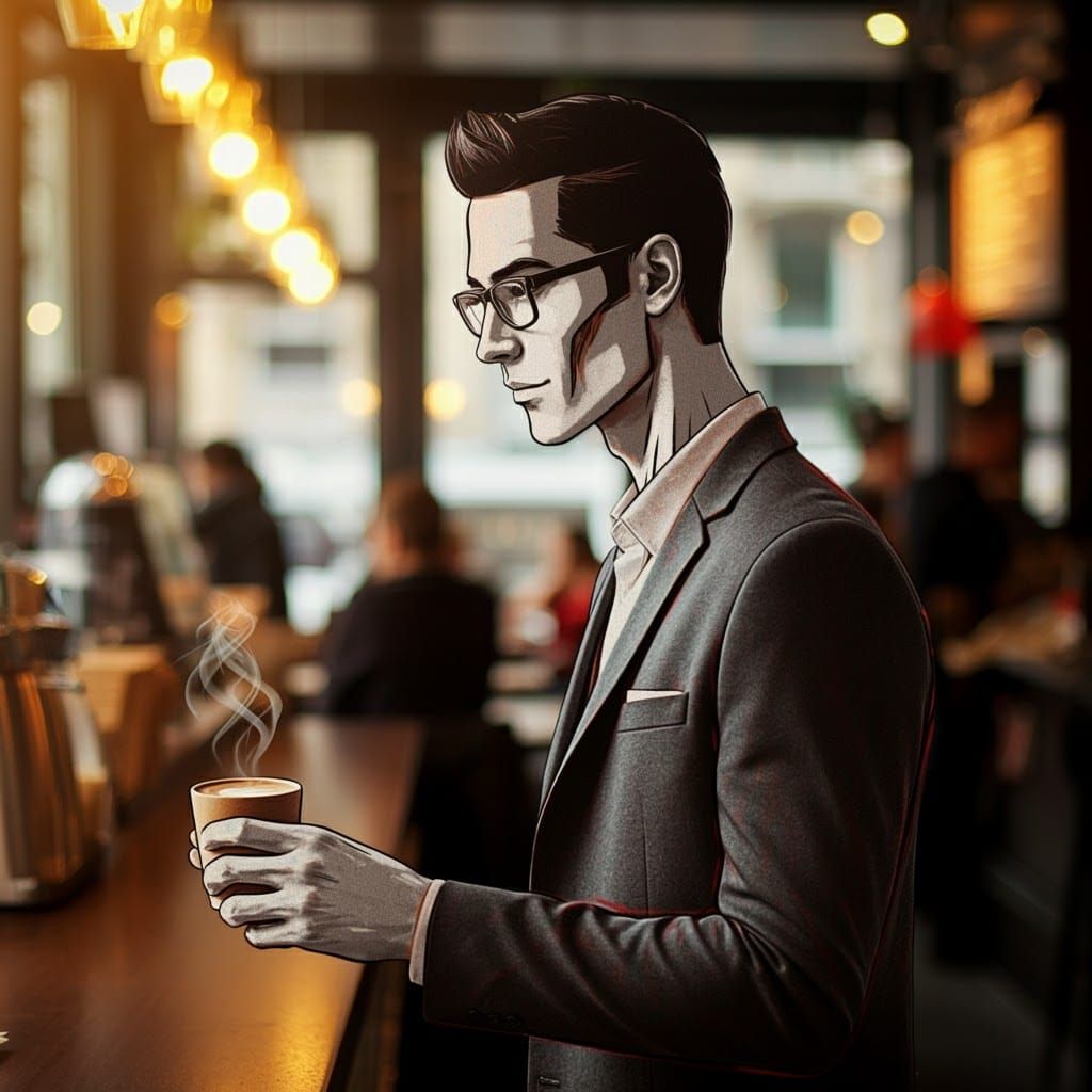 3D Comic Book Character Ordering Coffee in Cafe
