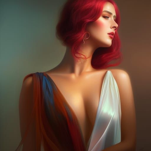 Red-Haired Beauty in Sheer Gown: Oil Painting Portrait