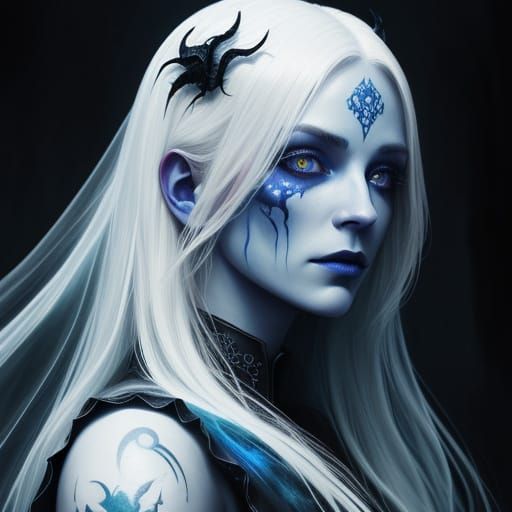 Spectral Banshee with Blue Tattoos in Gothic Fantasy Art