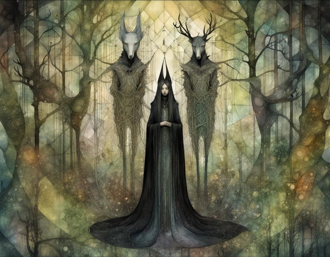 Dark Gothic Forest Creature in Abstract Geometry