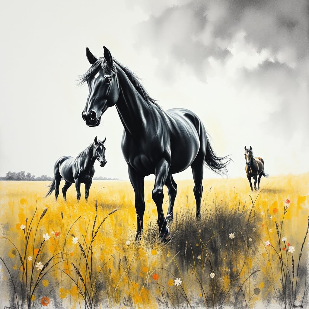 Horses in a Serene Meadow Charcoal Drawing with Intricate Te...
