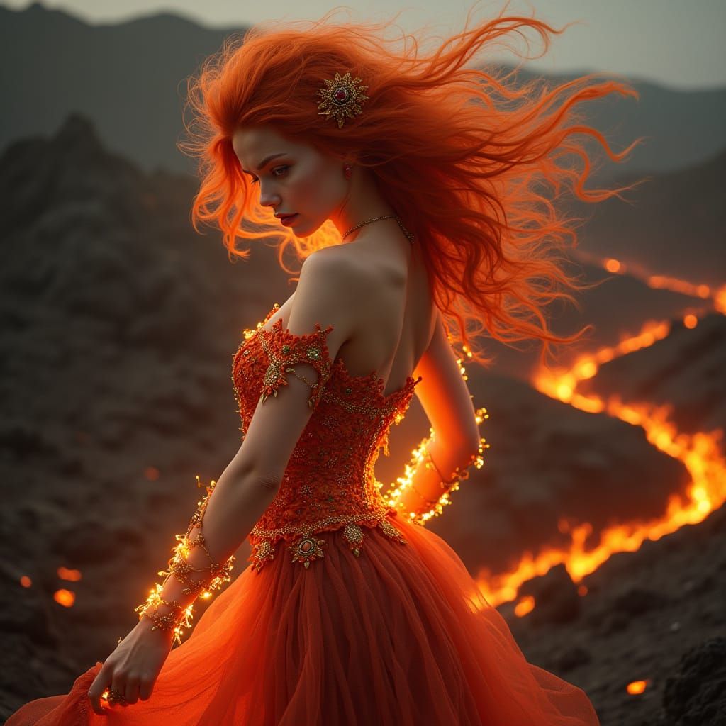 Fiery Elemental Goddess in Volcanic Paradise