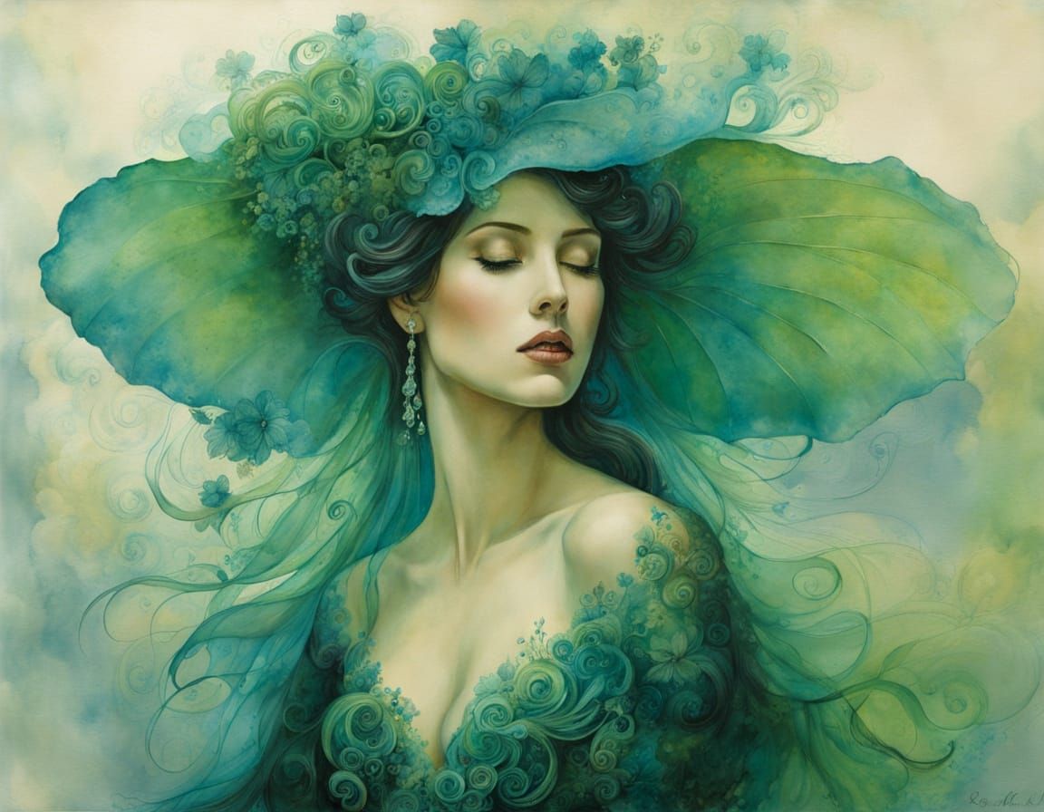 Ethereal Woman in Cucumber Leotard, Inkpunk Watercolor Style