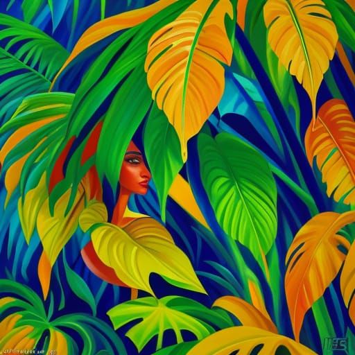 Neo-Impressionist Painting of Person in Tropical Environment