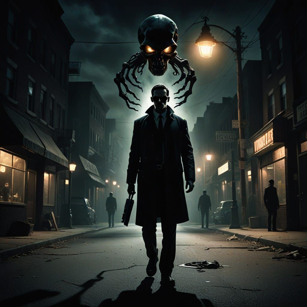 Noir Men in Black Agent with Alien Skull