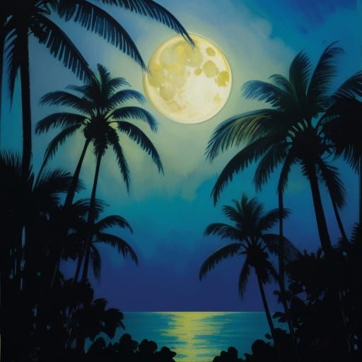 Moon Resting on Palm Trees Gouache Painting