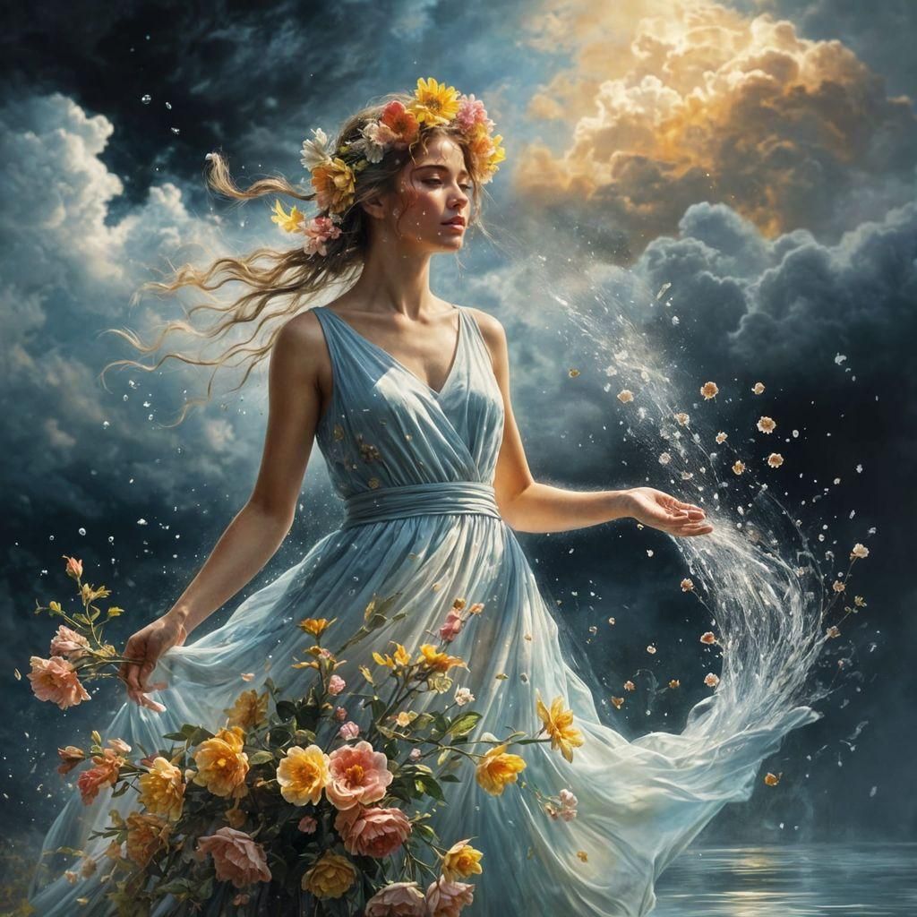 Fantasy Portrait: Woman Watering Flowers in Clouds