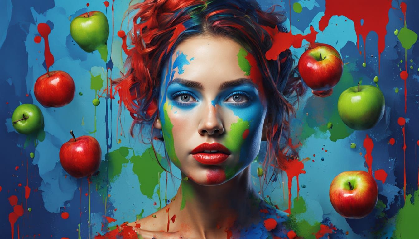 Blue-Skinned Woman with Apple in Digital Art Style