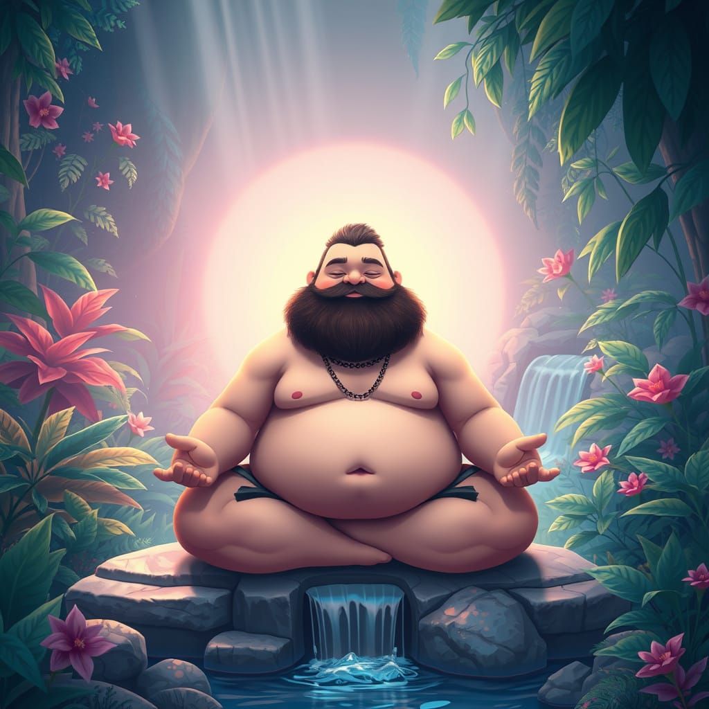 Chubby Bearded Man in Meditative Pose with Pastel Aura