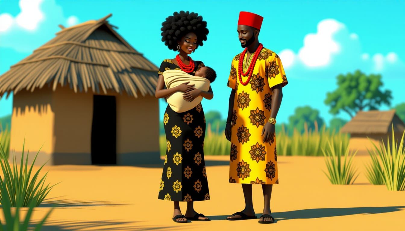 African Family Outside Hut in Vibrant Village Scene