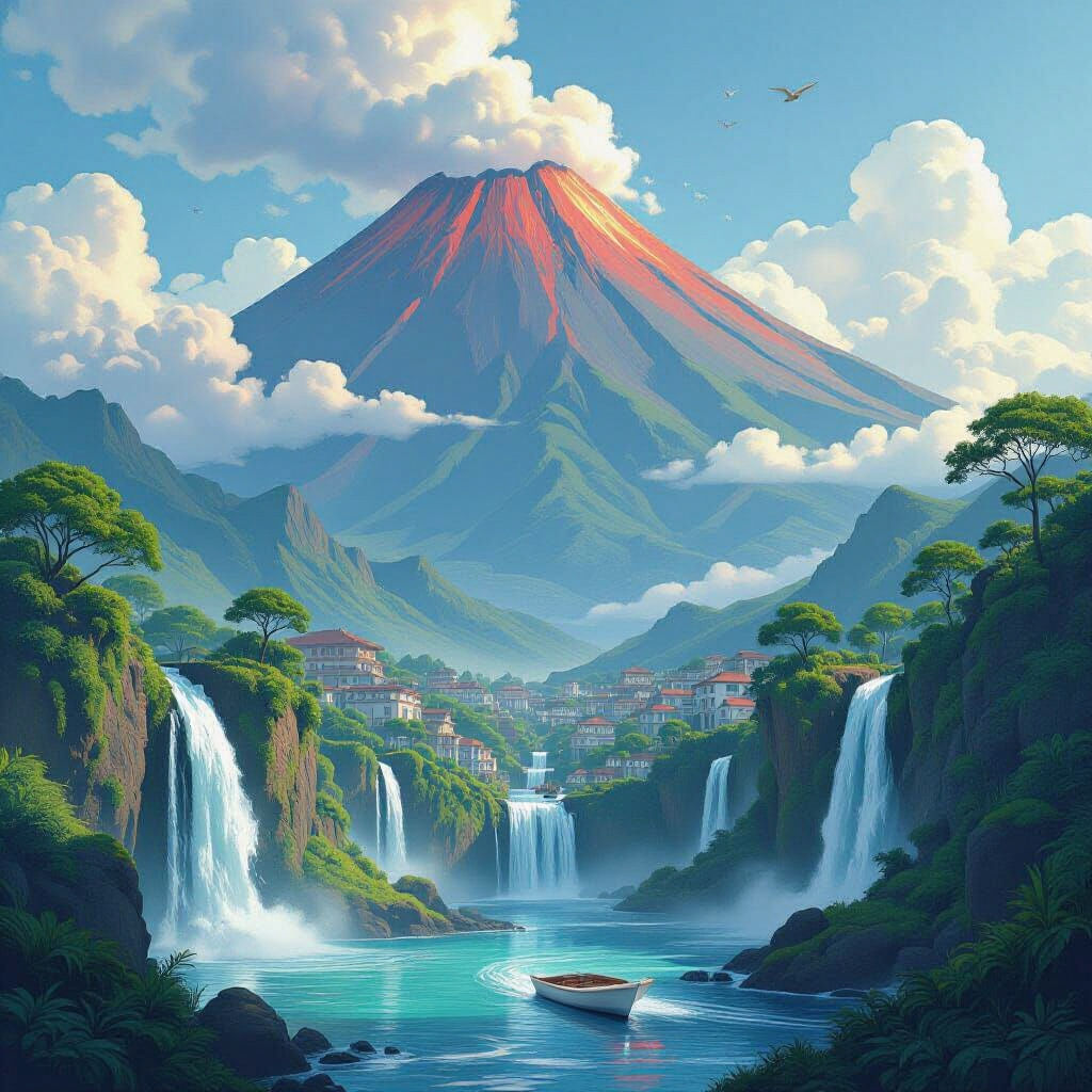 Volcanic Cityscape with Waterfalls and Active Volcano