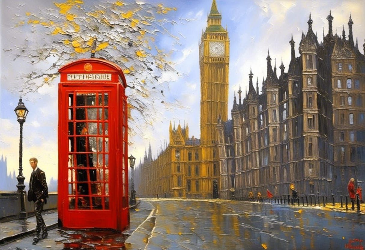 London Phone Booth and Big Ben as Impasto Painting