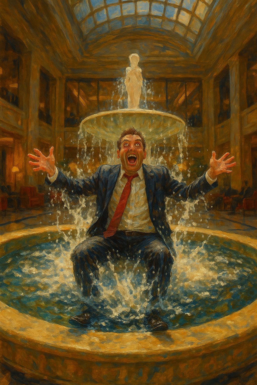 Stockbroker Celebrates in Corporate Fountain