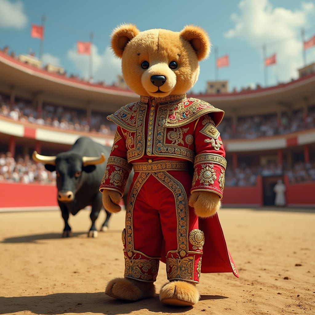 Teddy Bear Matador in Sunlit Arena