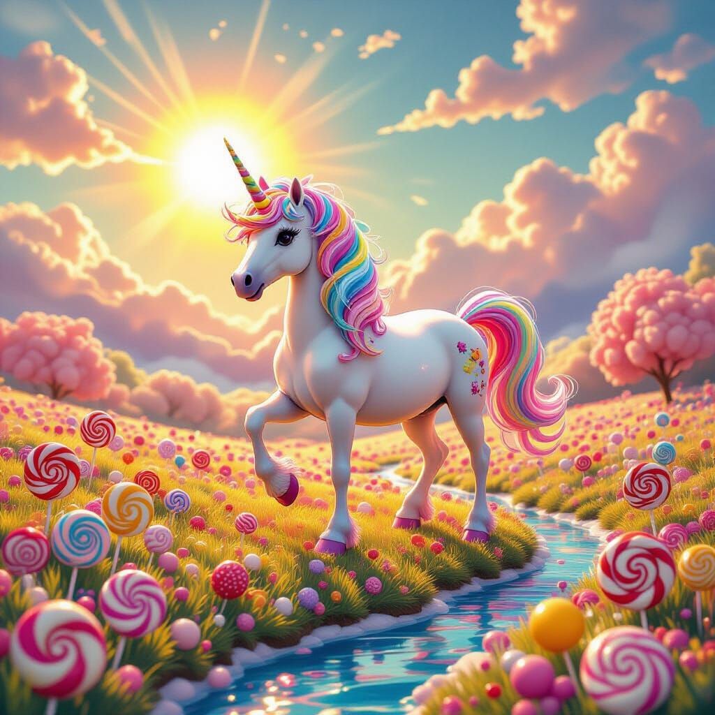 Candy Unicorn in Surreal Pop Art Meadow